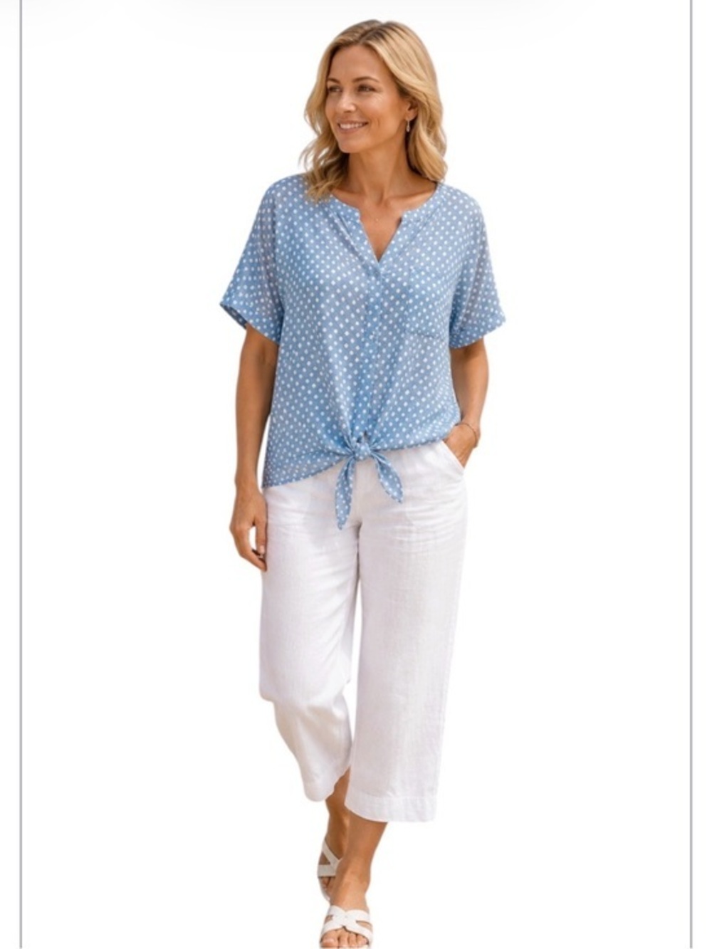 NWT MIttoshop blue & White Polka Dot Cottagecore Tie Crop Top Size Large